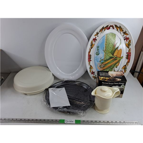 (2) Oval Serving Platters, Tupperware Chip & Dip Plate, Thermal Gravy/Sauce Keeper, Misc