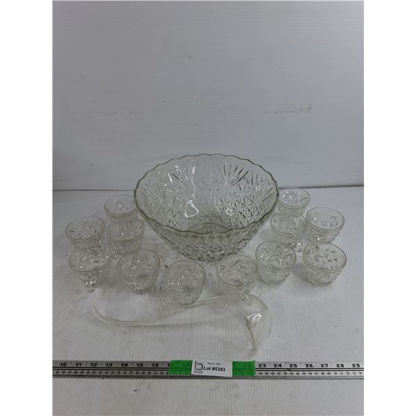 Glass Punch Bowl, Cups & Plastic Ladle