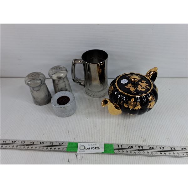 Gibbons England Black Gold Tea Pot, Beer Mug, Salt & Pepper Shakers, Tea Light Holder