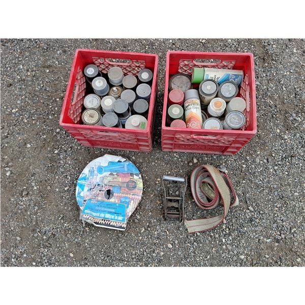 **Milk Crates, Ratchet Strap, Assorted Automotive Paint Sprays, PICKUP ONLY