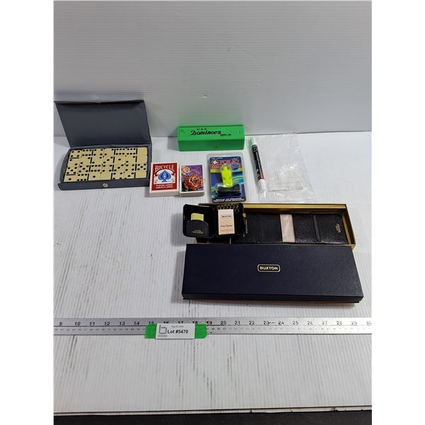 (2) Domino Sets, (2) Card Deck, Kid Marine Whistle, Buxton Key Tainer, Touch up Paint