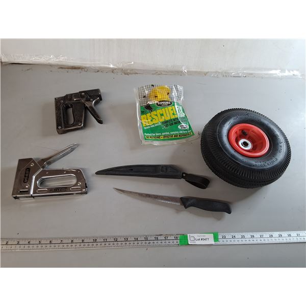 10" Utility Wheel, Staple Guns, Filleting Knife with Sheath, Fly Trap
