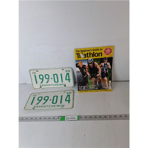 (2) Vintage Sask. License Plates & Triathlon Magazine