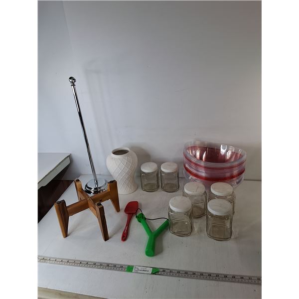 Toilet Paper Holder 24", Glass Jars 5.5", Plastic Slingshot, Misc.