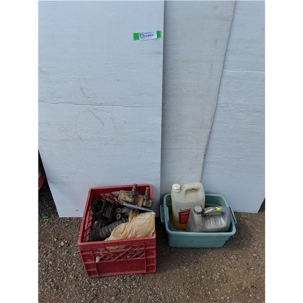 **Milk Crate with Starters, Metal Misc, Small Rub with Antifreeze and Motor Oil No Shipping