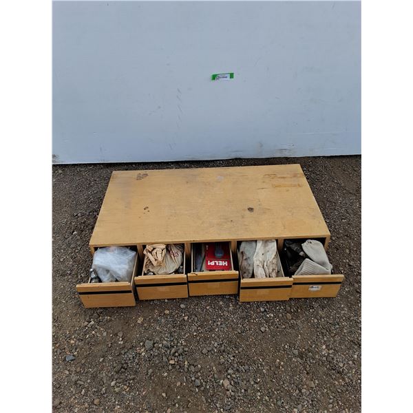 **(5) Wooden Drawer Cabinet with Gloves, Lug Nuts, Misc, Pickup Only