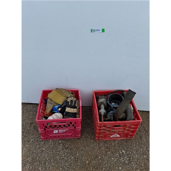 **(2) Milk Crates with Titanium Drill Bits, Work Gloves, Screw Eyes, Distributor, Misc No Shipping
