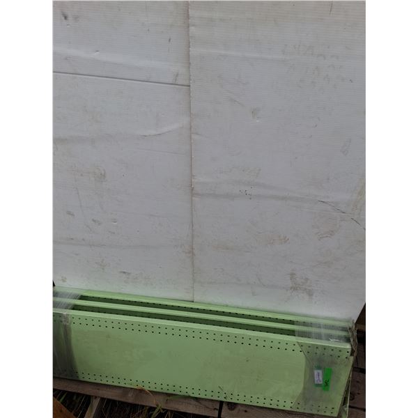 **(4) Green Metal Shelf Levels, (2) White metal Shelf Legs As-Is No Shipping
