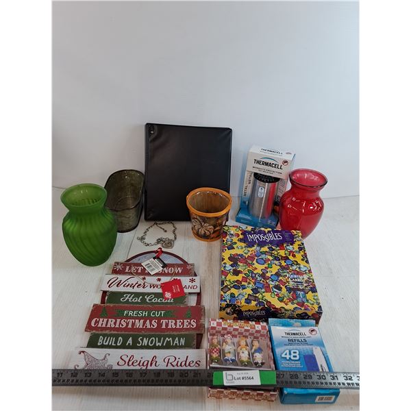 Thermacell Mosquito Protection and Mosquito Repellent Refill, (2) Glass Vases, (2) Christmas Signs,