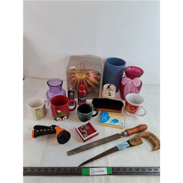 (4) Vases, (4) Mugs, 1940s Keyhole Saw, Misc