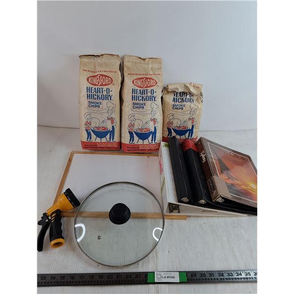 (3) Kingsford Smokechips, (4) Binders, Whiteboard, Misc