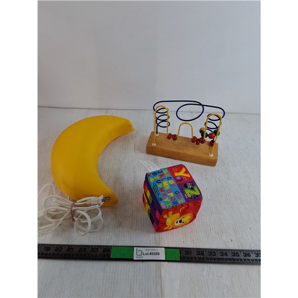 Moon Lamp Powers On, Abacus Toy, Alphabet Block