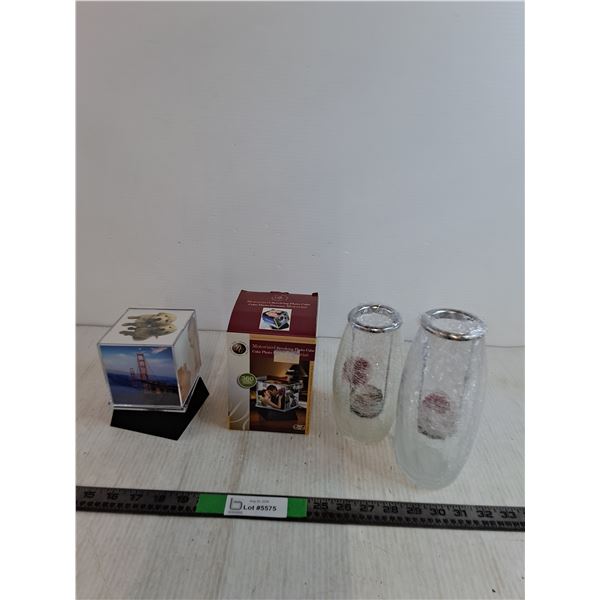 Revolving Photo Cube Powers On, (2) Glass Vase Candle Holder