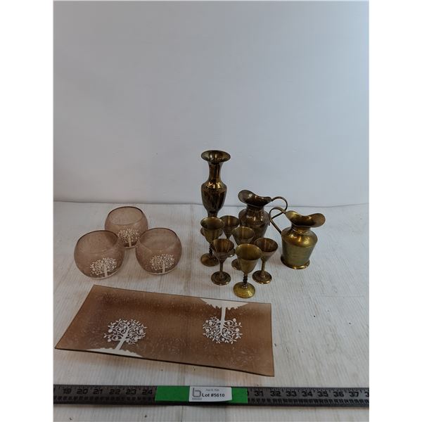 Brass Tea Set, (3) Glass Candle Holders and Tray