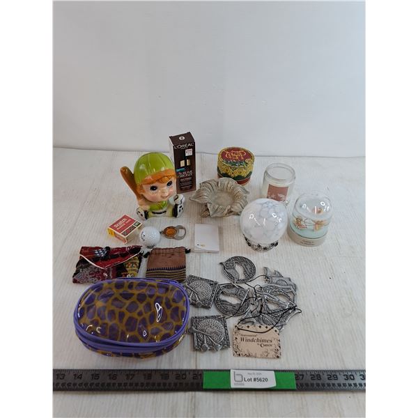 Baseball Player Coin Bank, Various Pouches, (2) Snow Globes, Misc