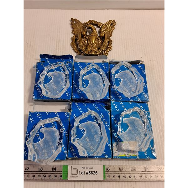 (6) Clear Glass Etched Eagle's Head Paperweight-3" Tall and Brass American Eagle Door Knocker