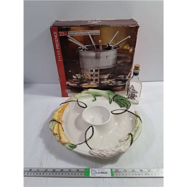 Lazy Susan Meat Fondue Set-as is,Ceramic Serving Tray,Avon Captain's Pride Cologne Bottle