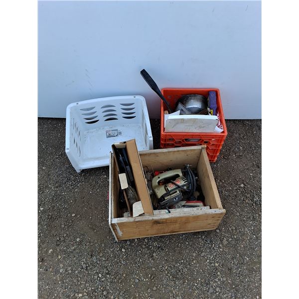 **Plastic Bins, Milk Crate, Black & Decker Jig Saw, Plastic Dishware, Misc, PICKUP ONLY