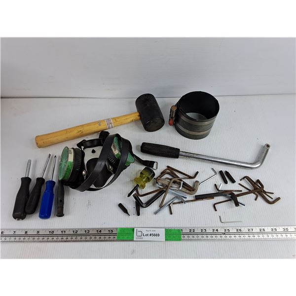 Respirator, Mallet, Hex Keys, Screwdrivers, Misc
