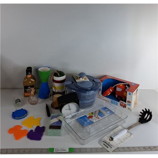 Veggie Drainer, Pasta Server, Toy Fire Truck, Alarm Clock, (2) Honey & Dijon Marinade, Misc
