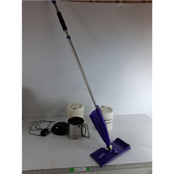 (2) Tobacco Containers 6"x6.5", Alarm Clock Powers On, Swiffer 49", Sifter, Pickup Only