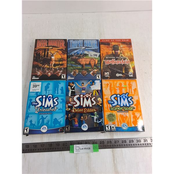 (6) PC Video Games - Deer Hunter, Castle Wolfenstein, Sims