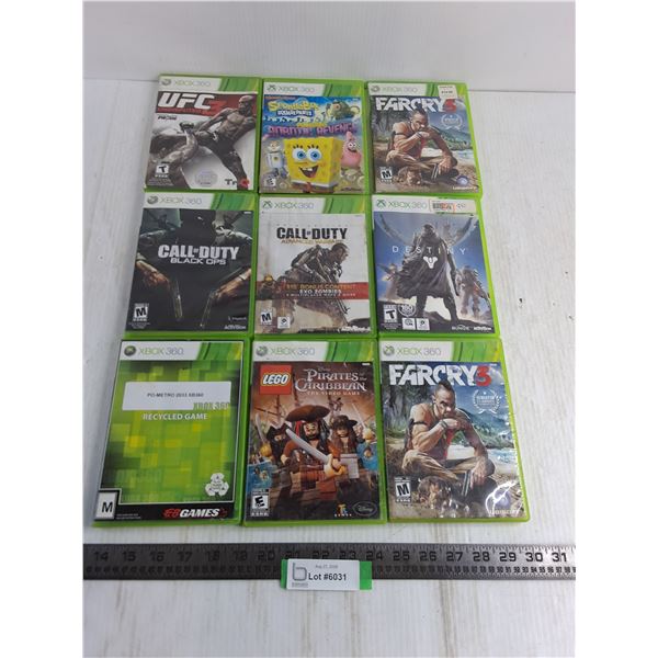 (9) XBOX 360 Video Games - Call of Duty, Lego Pirates of the Caribbean, Sponge Bob