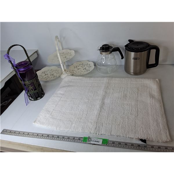 Bath Mat, (2) Coffee Pots, Tiered Serving Tray, Misc.