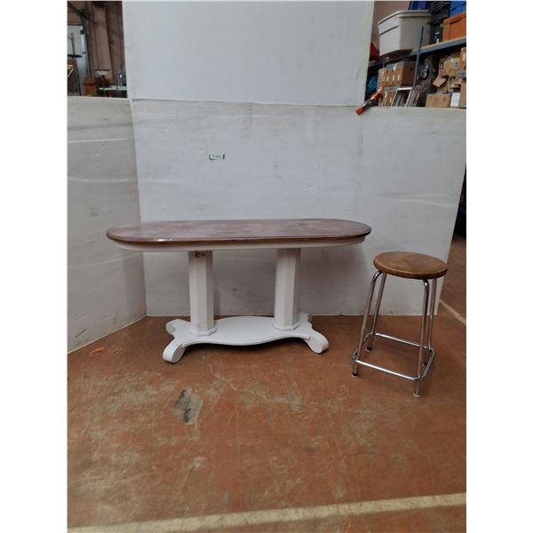 *Two-Tone Double-Pedestal Dining Table 52"x15"x26", Steel Stool 12"x 23" ( as is, cannot ship)