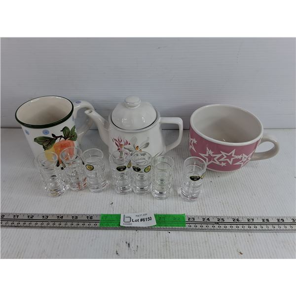 Bohemia Czech Crystal Shot Glasses, Ceramic Tea Pot & (2) Mugs