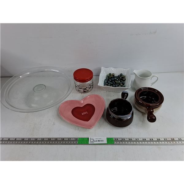 Footed Glass Cake Stand, Bean Pots, Creamer, Cookie Jar, Ceramic Bowl, Marbles, Ceramic Plate