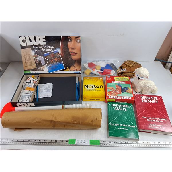 Clue Game, Expos Baseball Glove, Battleship Game, Wrapping Paper, Sheep Ornament, Nick Murray Books,