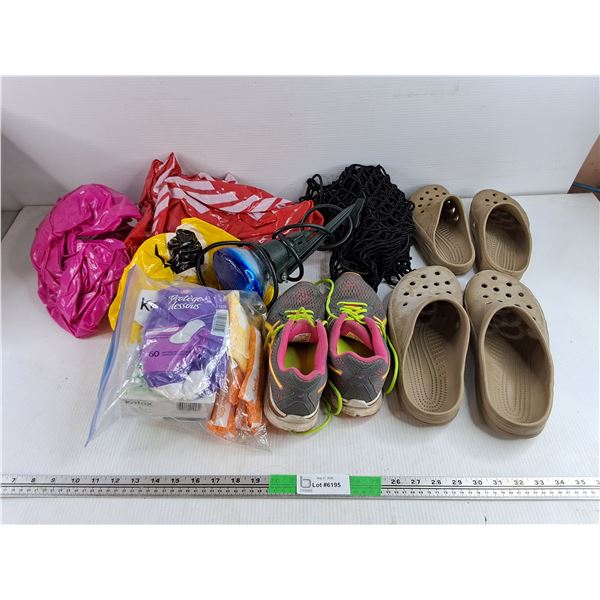 Slip-On Shoes, Asics Sneakers - Size 7 1/2, Beach Balls, Cargo Net, Flood Lamp, Misc