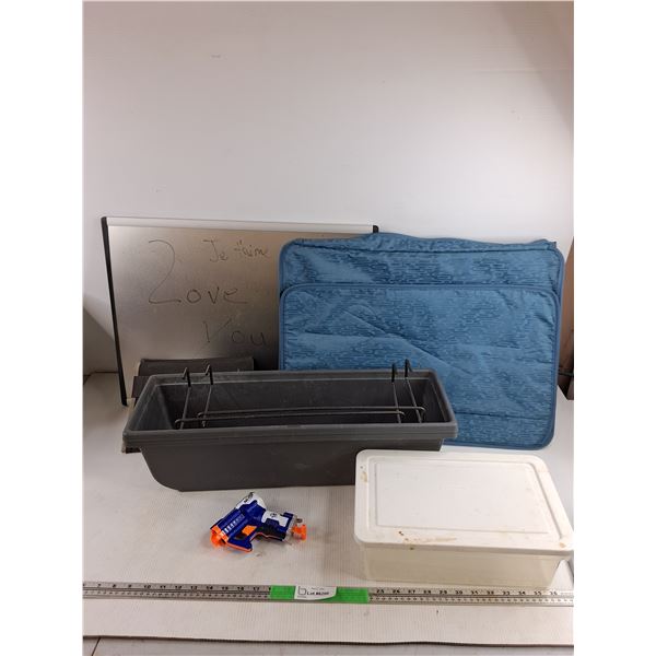 Dry Erase Board, Rectangular Planter, Plastic Container, Nerf Pistol, Misc