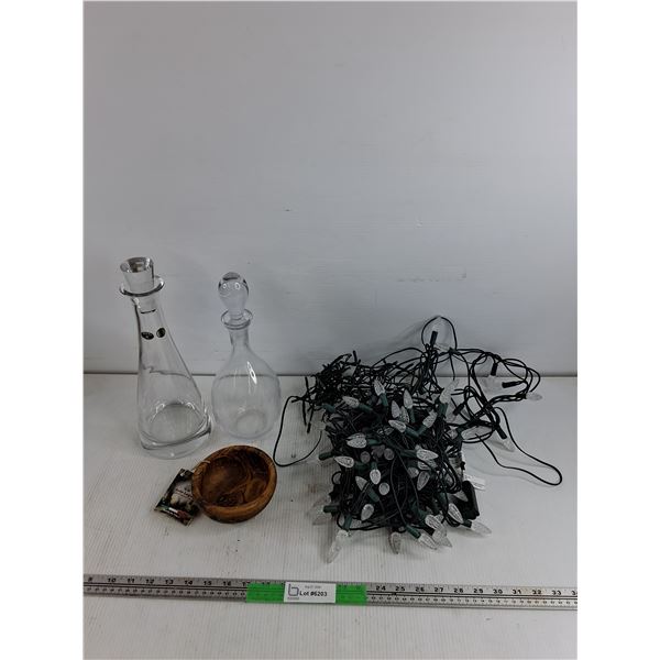 Bohemia Crystal & Glass Liquor Decanters, Arte Legno Wooden Bowl, Christmas Tree Lights