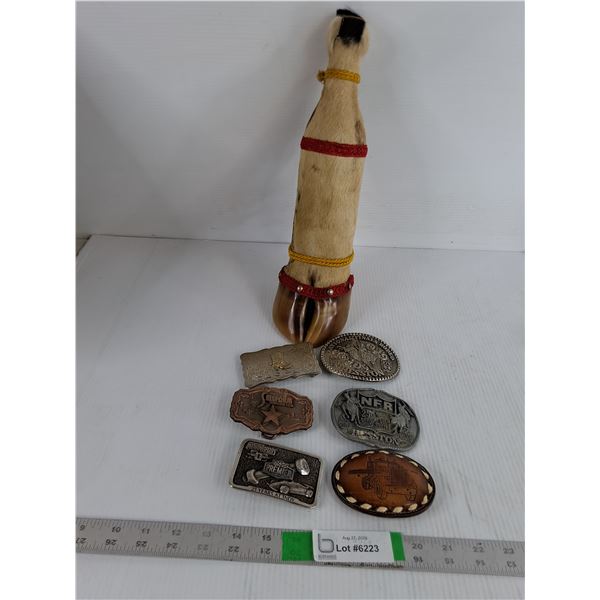 (6) Belt Buckles, Decorative Hoof Bottle
