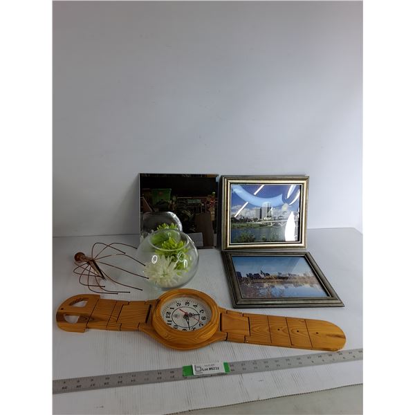 Mirror 10"x10", (2) Framed Pictures 12"x9.5", Wooden Decorative Desk Clock 27", Misc