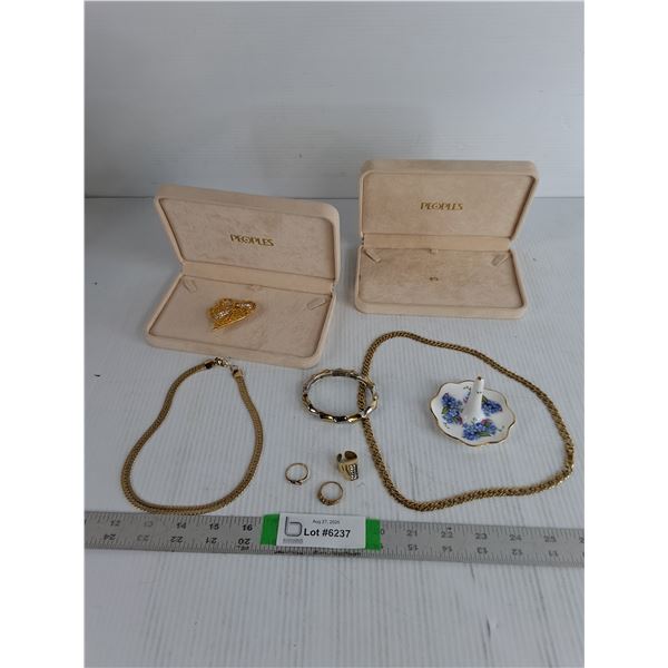 (3) Rings Size 6, (2) Gold Colored Chain Necklaces, Bracelet, Brooch, Ring Holder