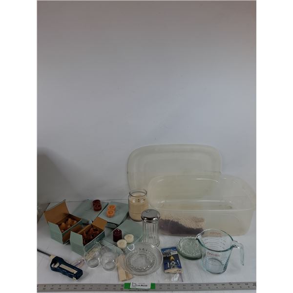 Partylite Candles, Pyrex Measuring Cup, (2) Small Glasses, Oil Lamp Wicks, Misc