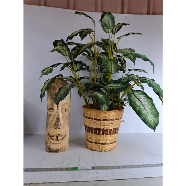 Carved Wood (Dewda), Artificial Dieffenbachia 33" ( as is), Pickup Only