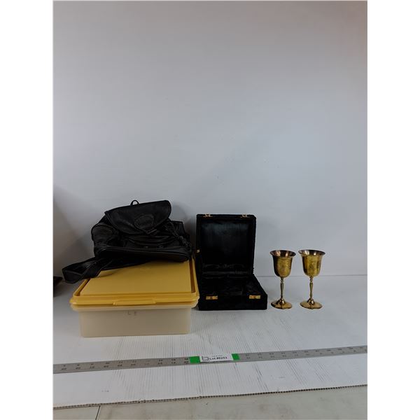 Tupperware Dish, Leather Bag, Wine Goblets