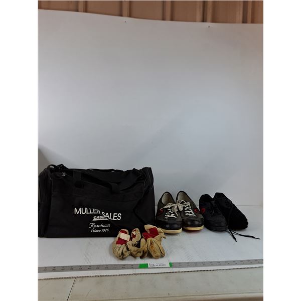 Muller Sales Duffel Bag, Gloves, (2) Asham Mens Shoes (up to 11.5", as is)