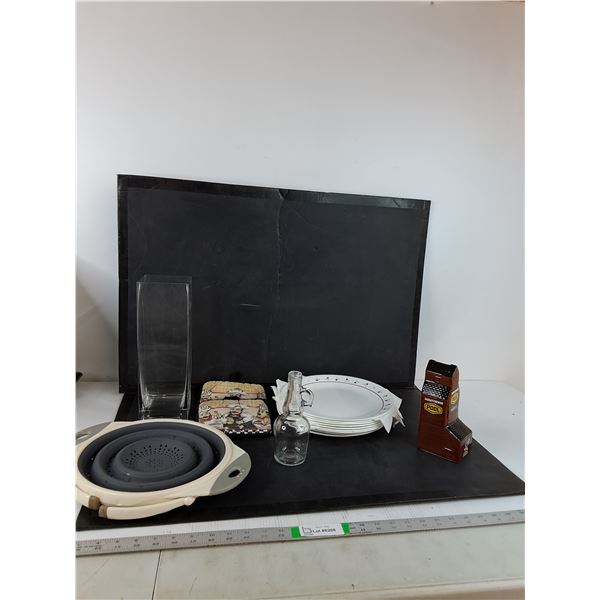 Strainer, Square Vase, Plates, Pot Holders, Misc