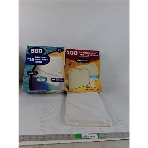 Envelopes, File Folders, Lined Paper ( as is)