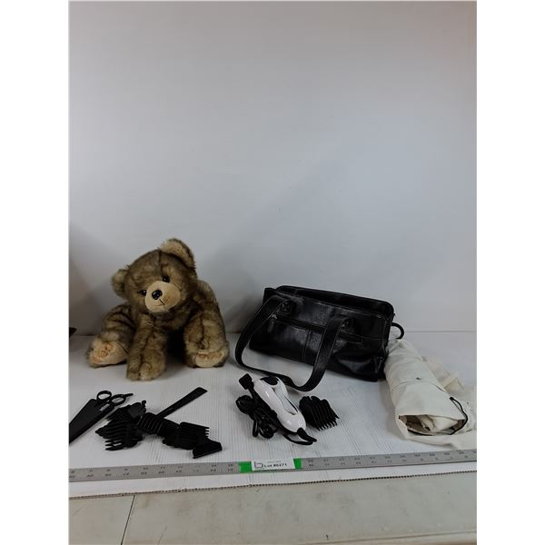 Stuffed Bear, Shaving Supplies- Clippers (powers on), Guards, Leather Bag ( as is)