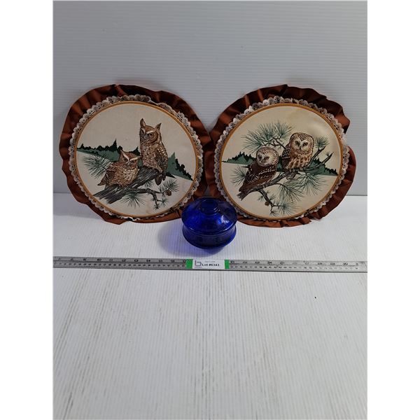 (2) Vintage Quilted Owl Wall Hangers, Vintage Cobalt Blue Glass Oil Lamp Reservoir