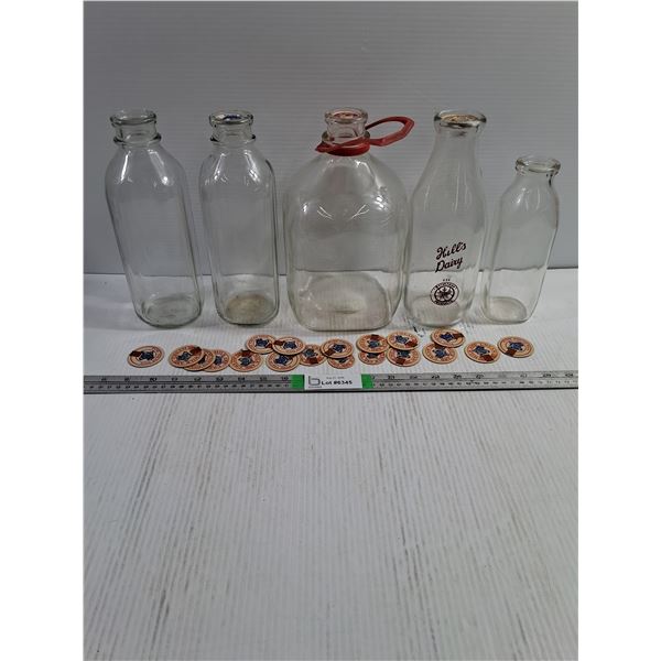(5) Vintage Glass Milk Bottles-Various Sizes with 19 Milk Caps