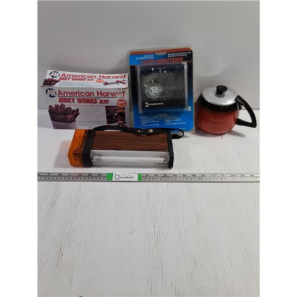 Misc. Lot-Jerky Gun (new),Timer (new),Teapot,Emergency Light