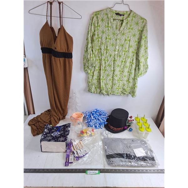 (2) Dresses (M & L), XXL Shirt, Festive Hat, Crochet Hooks, Popsicle Maker, Misc.