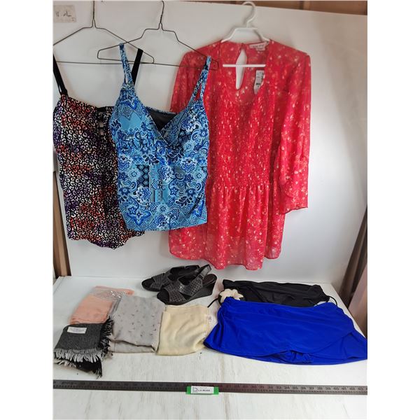 Women's 2X/1X Bathing Suits, 1X Dress, Skirt, Scarves, New Size 9 Shoes
